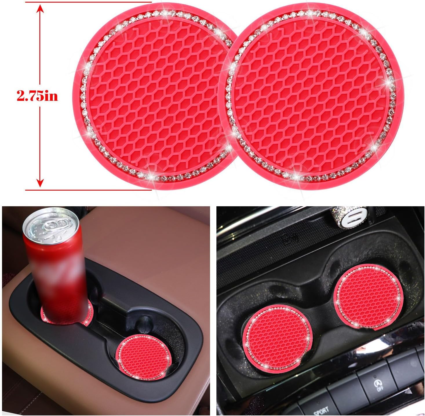 Bling Steering Wheel Cover Set of 7, Crystal Diamond Rhinestone Royal Red Bling Car Accessories for Women, Seatbelt Cover, Gear Shift Cover,Push Start Ring, Car Cup Coaster, Red
