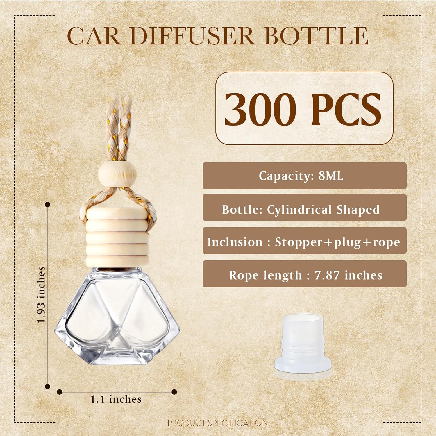 Zubebe 300 Pcs 8ml Hanging Air Freshener Diffuser Bottle Bulk Empty Glass Perfume Bottles Refillable Aromatherapy Essential Oils Pendant for Auto Interior Ornaments