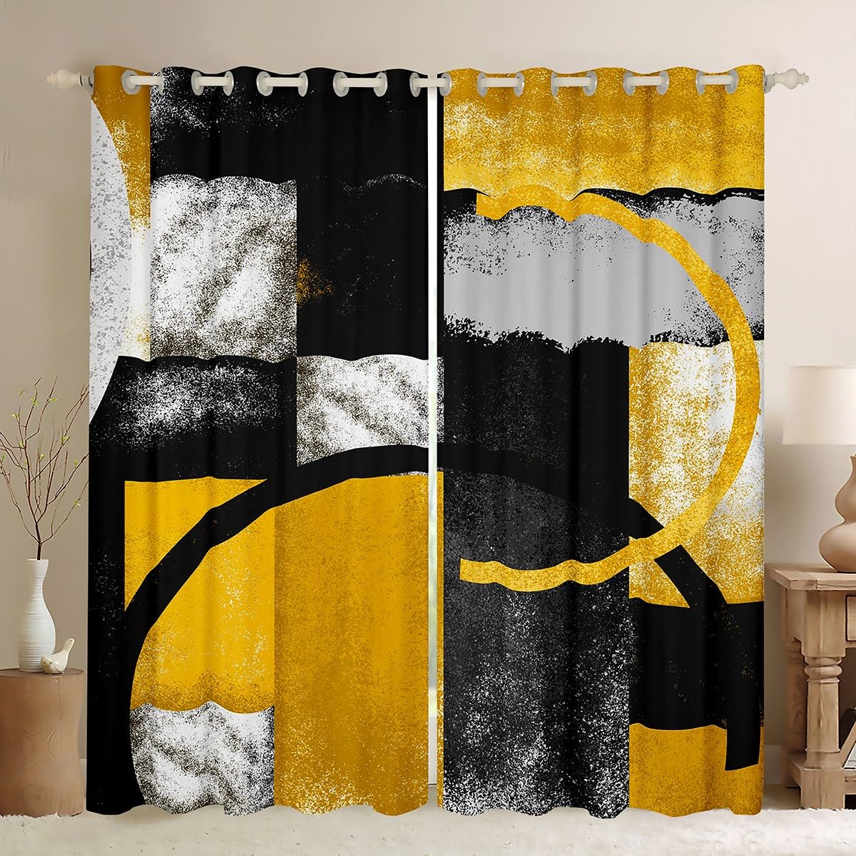 jejeloiu Gray Black Yellow Stripe Blackout Curtains Abstract Yellow and Black Window Curtains Retro Circle Swirls Darkening Dreapes Teens Abstract Art