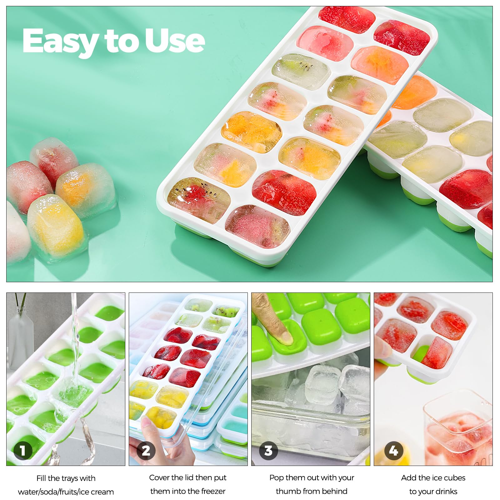 Stampo Cubetti Ghiaccio In Silicone - Set 4 Vassoi Con Coperchio, BPA Free, Verde E Blu - Foto 7