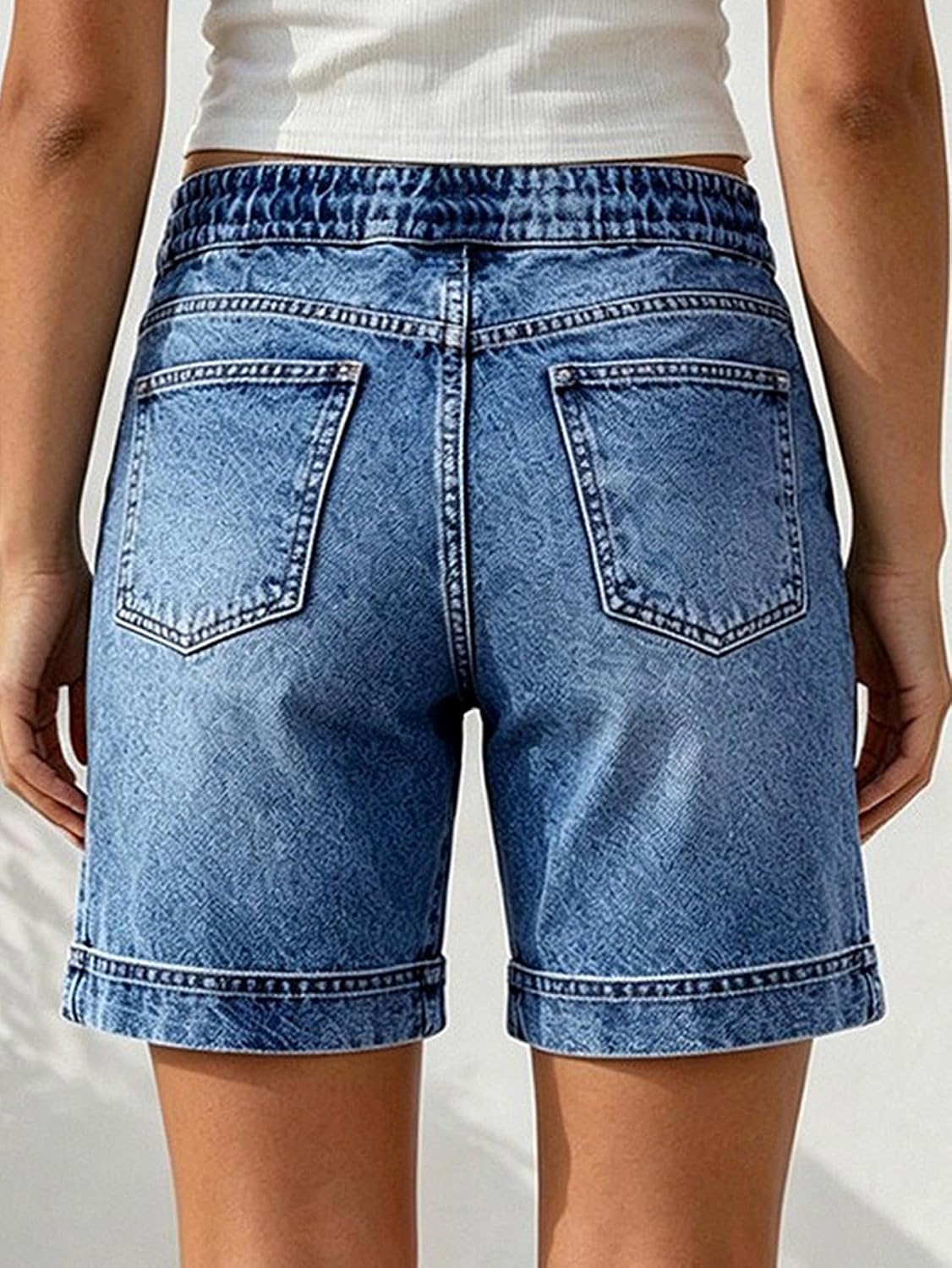 Flamingals High Waist Denim Bermuda Shorts for Women Raw Hem Stitch Detail Drawstring Summer Casual Jean Shorts with Pockets