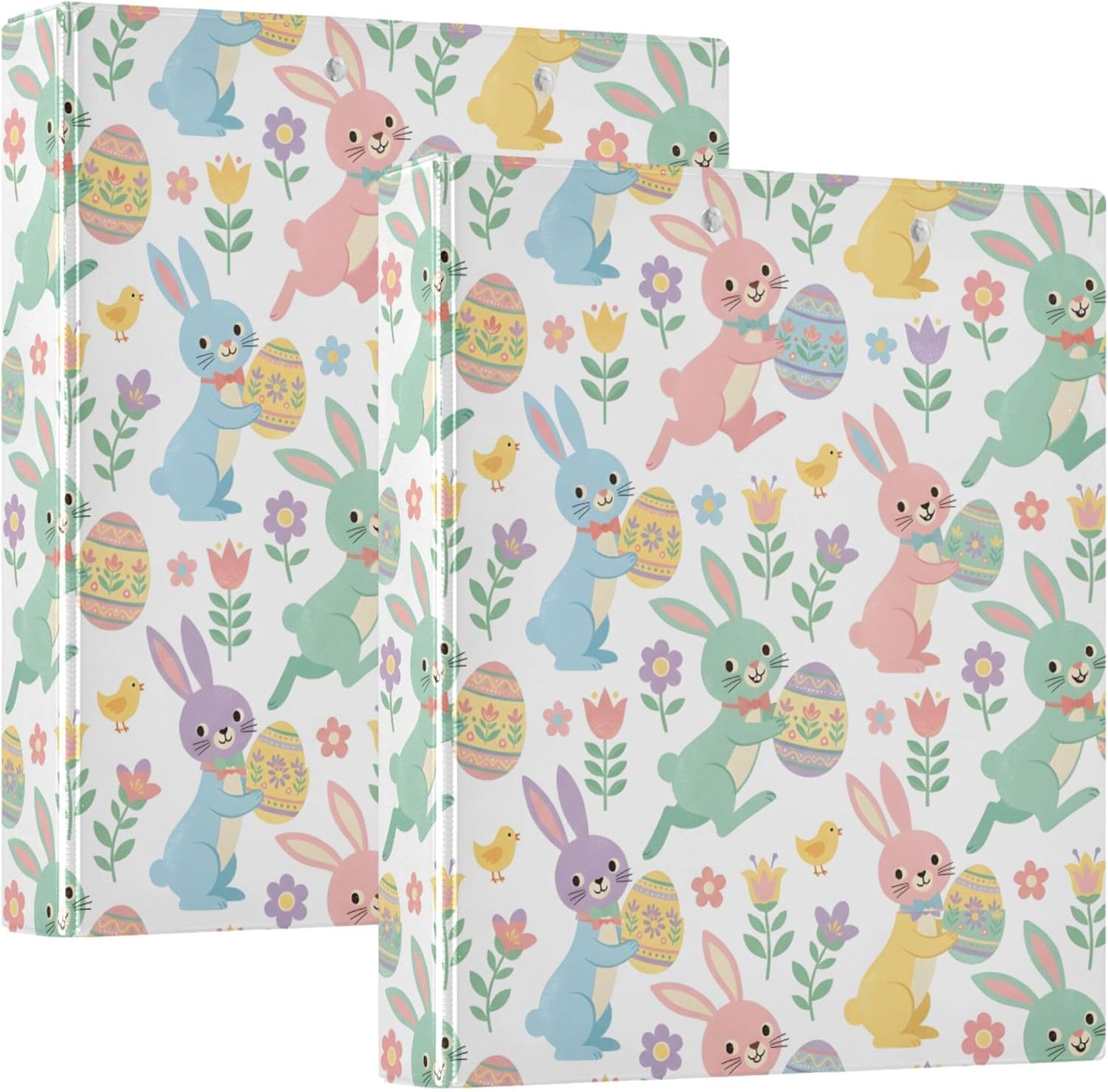 Easter Bunny and Eggs 3 Ring Binders, 1.5” Round Ring Binders with Clipboard - Letter Size, 3 Interior PVC Clear Pockets & Anti-Slip Clip for Office School Supplies, 2PCS