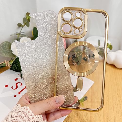 Miniatura 3 de KANGHAR Funda magnética con purpurina para iPhone 14 Pro Max de 6.7 pulgadas, diseño de patrón de corazón de amor chapado transparente compatible