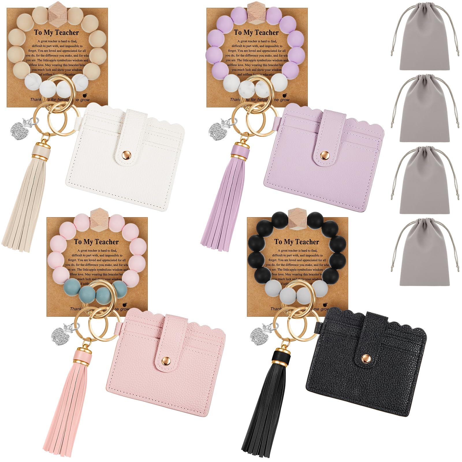 Landical 1/4/6 Set Teacher Appreciation Gift Bulk Wristlet Keychain Bracelet for Women Car Key Chain Thanks Card Giit Bags