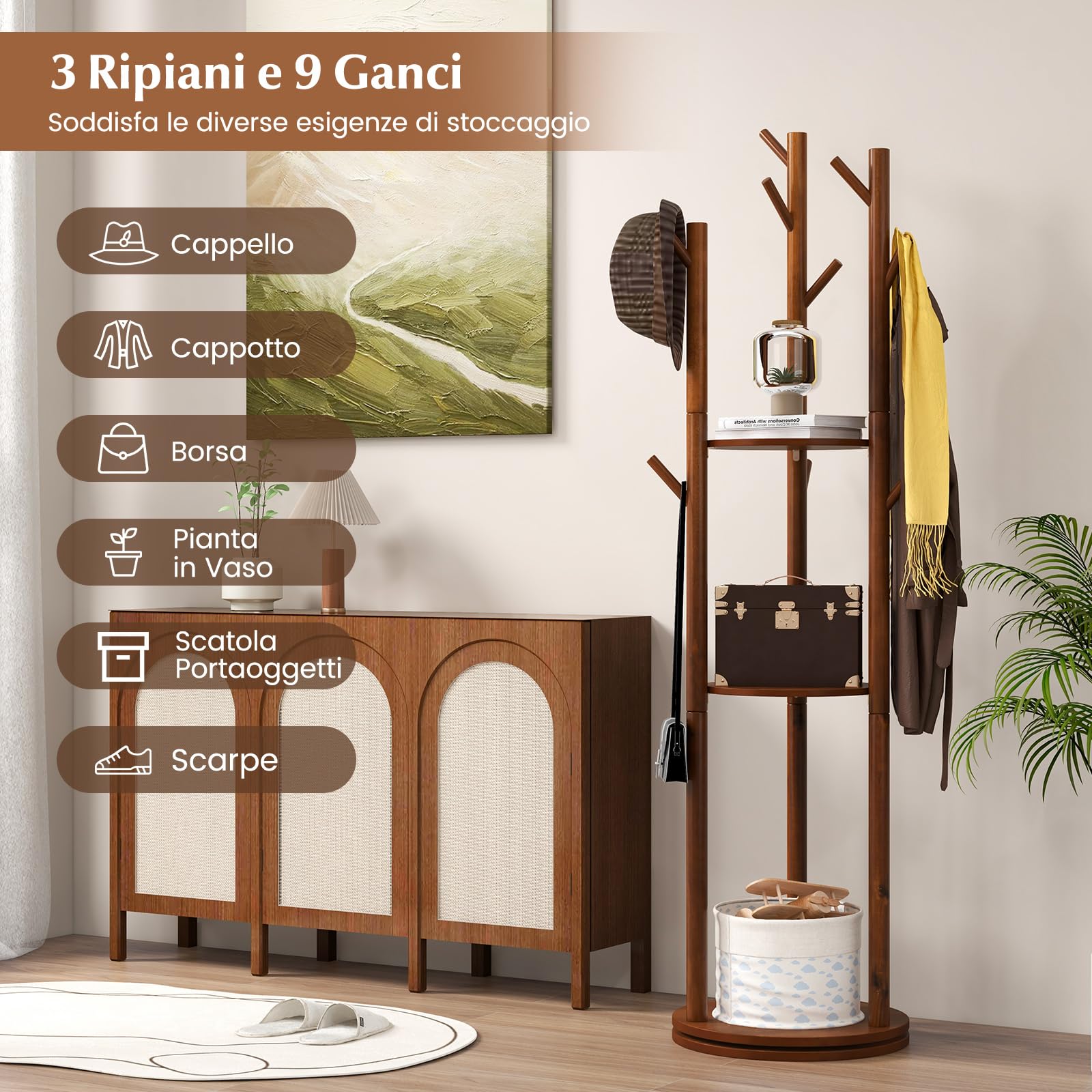 COSTWAY Attaccapanni Girevole a Forma di Albero, Appendiabiti con 3 Ripiani e 9 Ganci, Appendiabiti 167 cm per Ingresso Salotto Camera da Letto