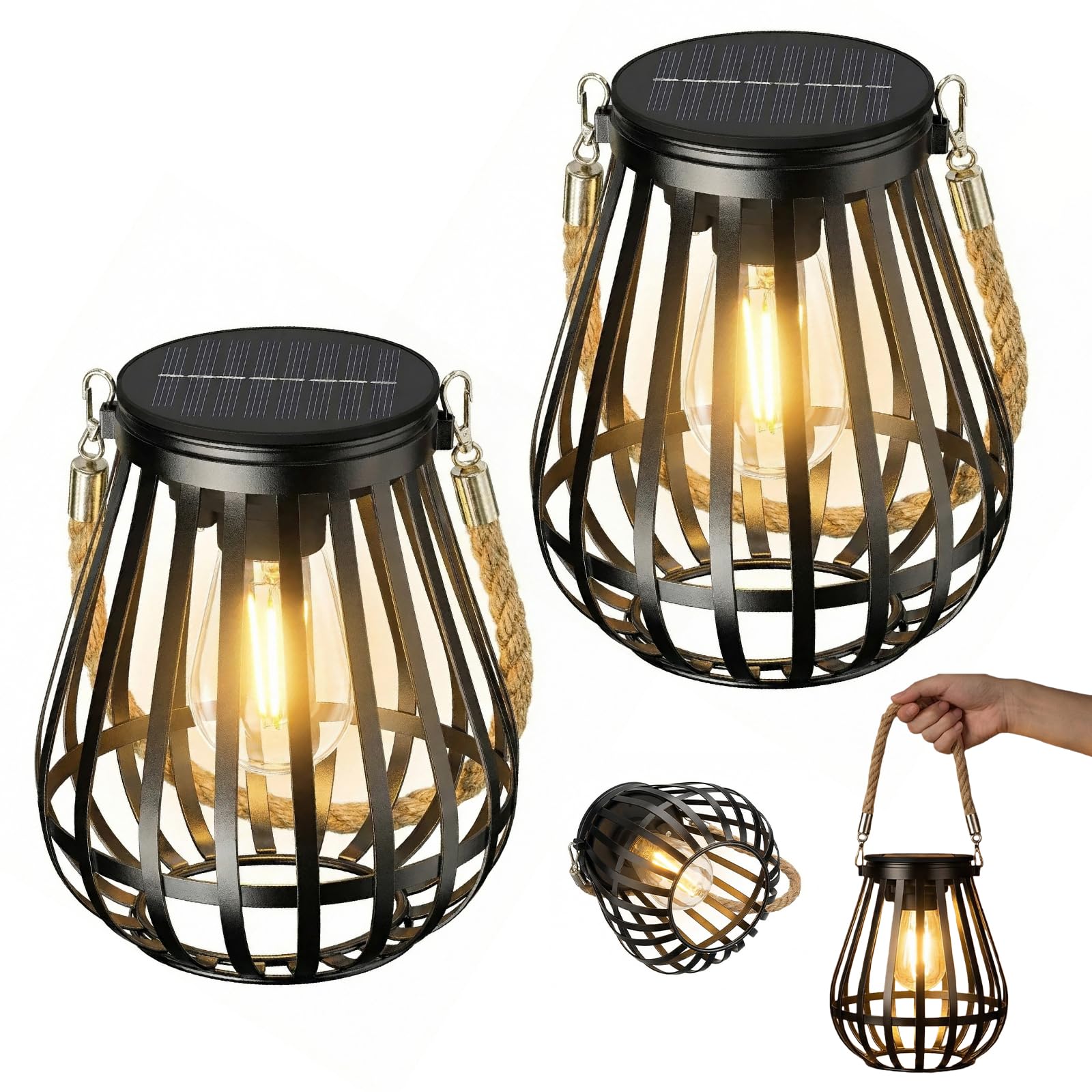 2 lampade solari per esterni sospese: luce bianca calda, per esterni, decorazione da giardino, luci solari con lampadina a LED più grande, illuminazione per esterni, balcone, cortile, terrazze