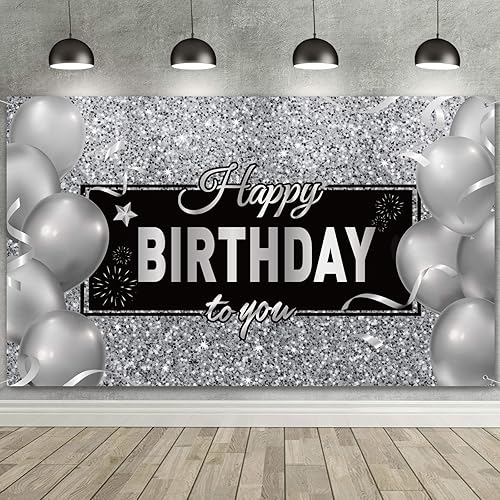 Sumind Cartel de feliz cumpleaños negro y plateado para decoración de fiesta de cumpleaños para hombres y mujeres, suministros de decoración de