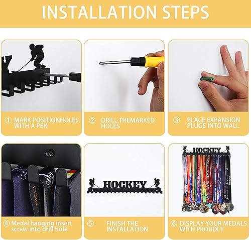 Miniatura 7 de Goutoports Soporte de exhibición de medallas de hockey para carreras deportivas, metal de acero negro resistente con más de 60 medallas, fácil de