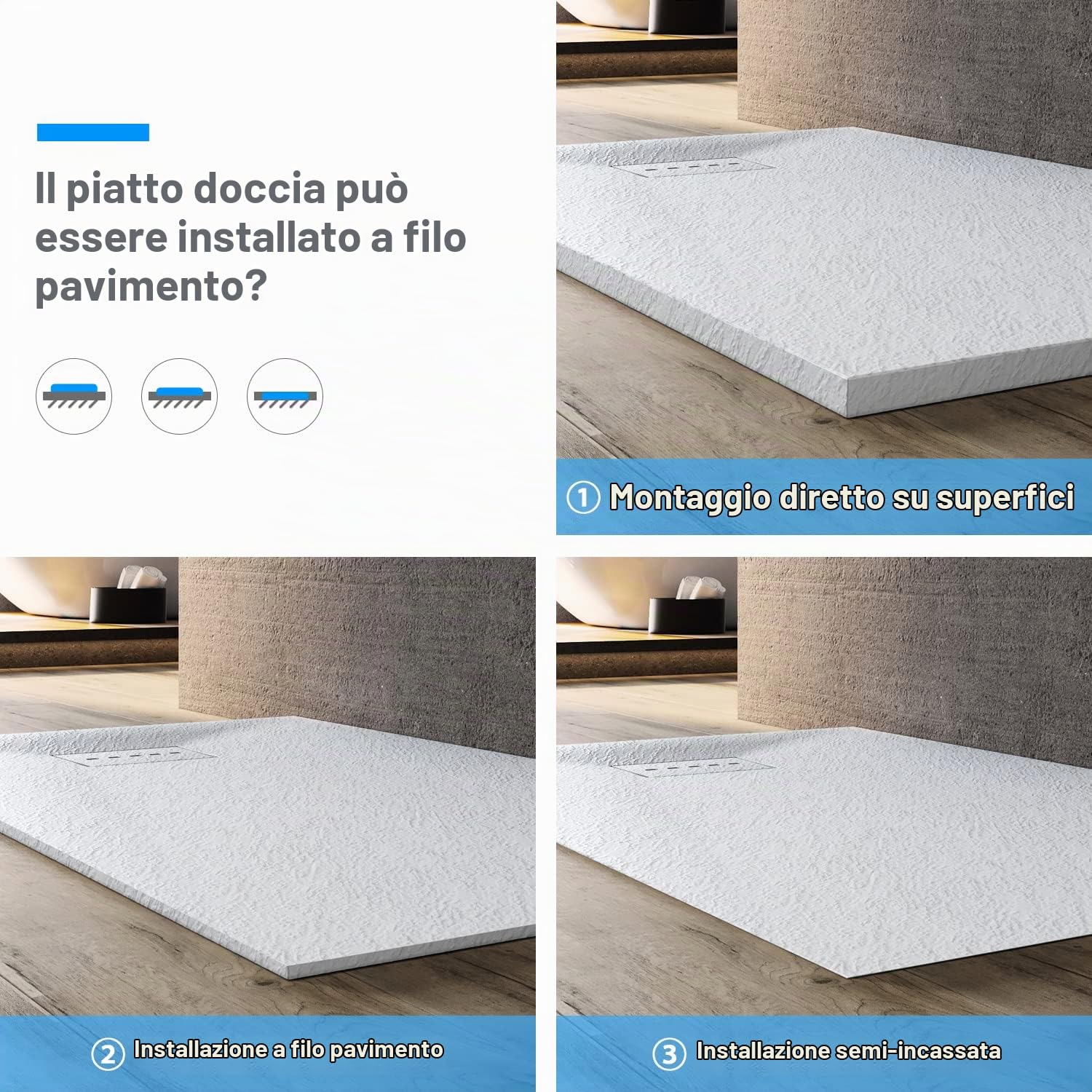 SONNI Piatto Doccia 160x80 cm, conEffetto Ardesia e Struttura Antiscivolo, Piatto Doccia Super Piatto Bianco Comprensivo di Sifone e Griglia