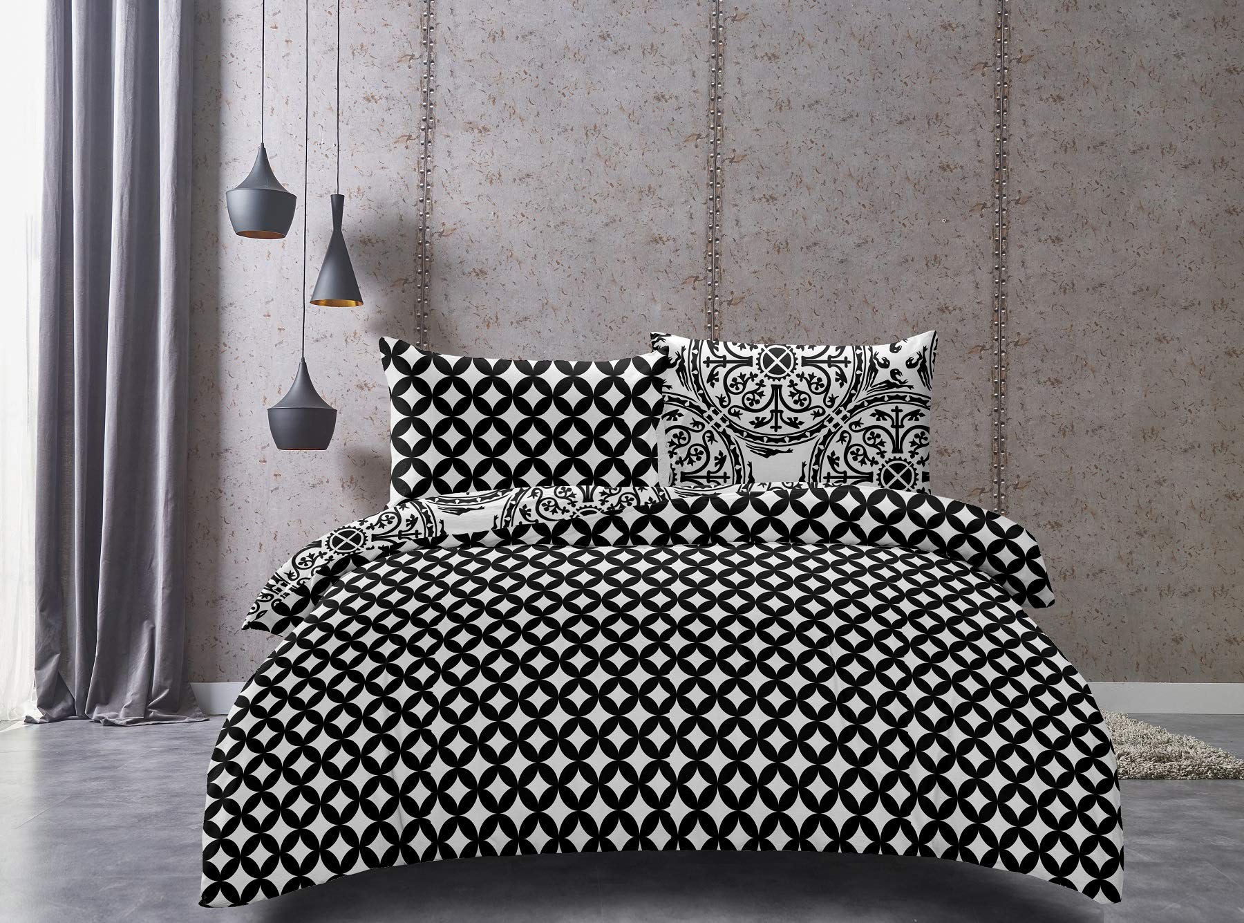 DecoKing Lenzuola Matrimoniali 200x200 | Microfibra Geometria | Bianco Grigio Antracite