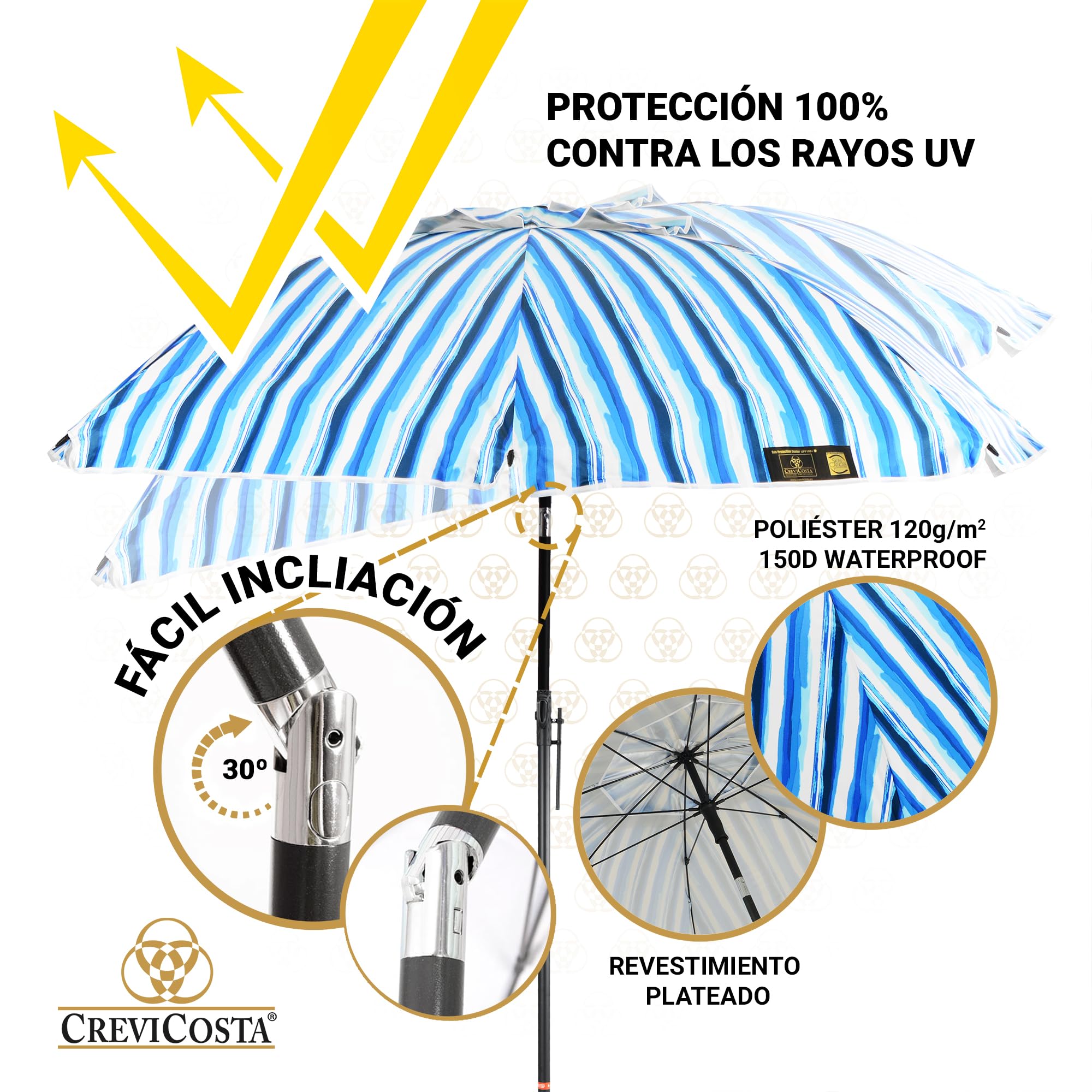 Ombrellone da spiaggia modello 200 cm con spirale e palo di viaggio totale. 8 Aste Protezione totale contro i raggi UV (Azzori), Azzorre (Azores), 200 cm, Moderno