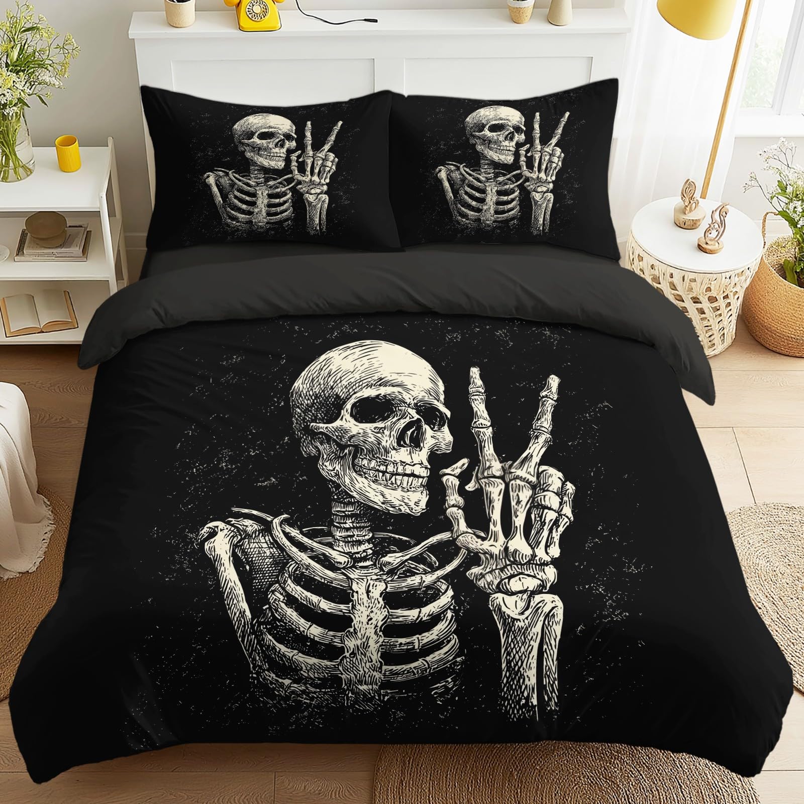 Generisch Gothic Lustig 3-częściowy komplet pościeli 135 x 200 cm, czarny – odwracalny komplet pościeli z mikrofibry, prześcieradło z gumką i poszewki na poduszki, miękka poszwa na kołdrę