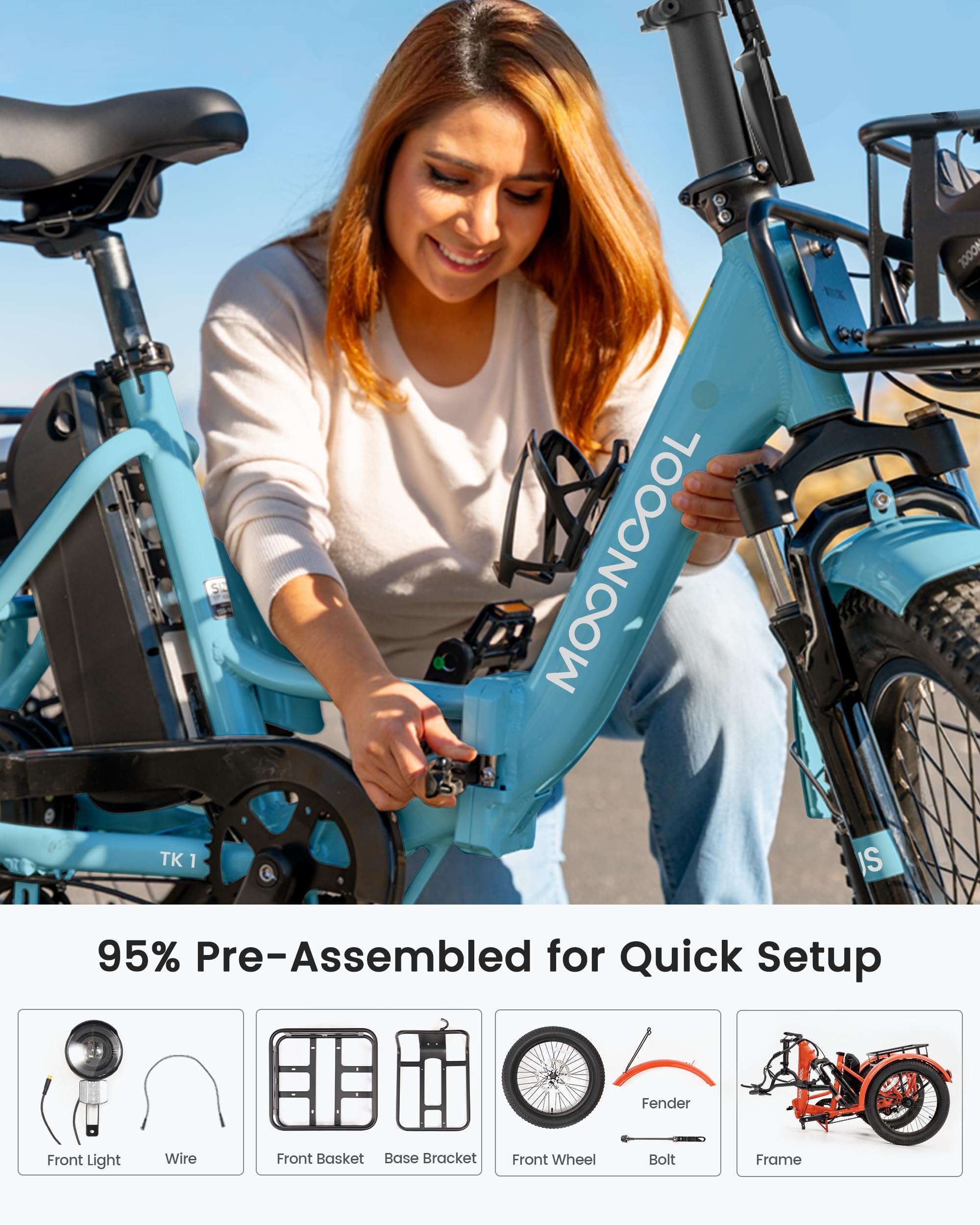 - MOONCOOL Electric Tricycle for Adults, 500W/750W 48V Folding Electric Trike Peak Power 1100W, 20"x3.0" Fat Tire 3 Wheel Ebike, Aluminum Adult Tricycle with Removable Battery, Rear Differential