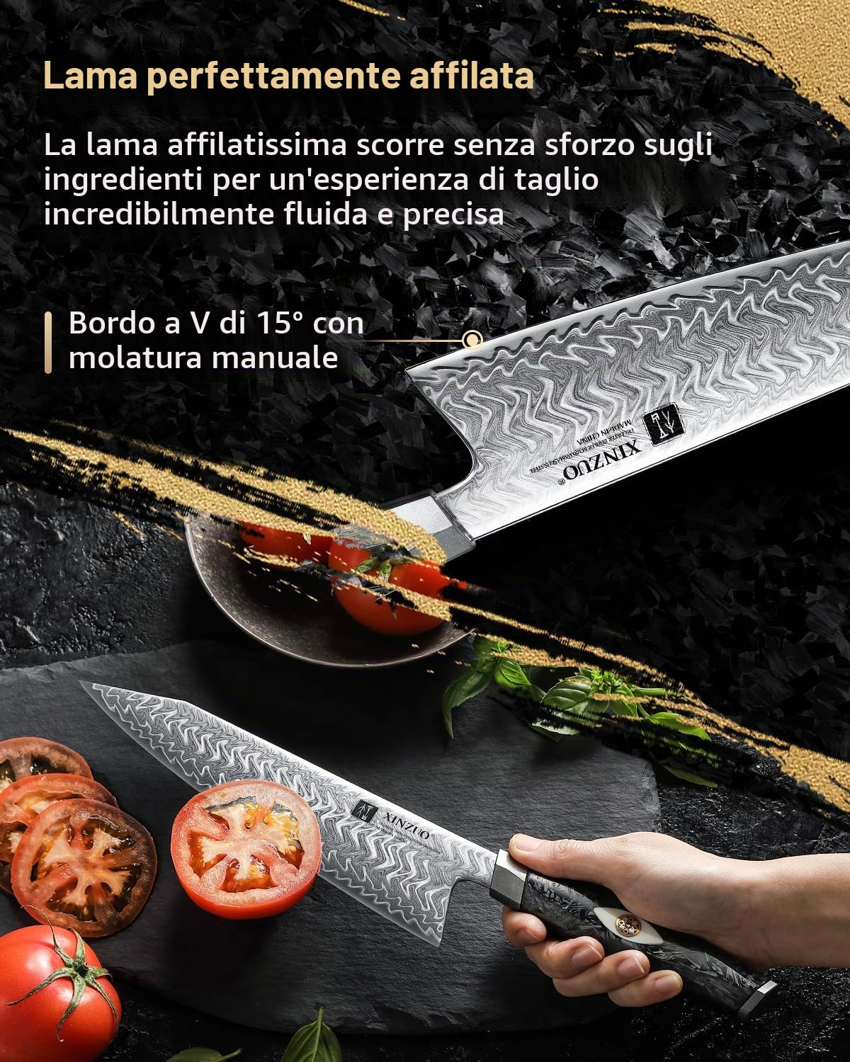 XINZUO 21,5cm Coltello da Cuoco Acciaio Damasco a 145 Strati Forgiato a Mano Professionale Coltello da Chef da Cucina -Acciaio in Polvere M390 Austriaco -Manico in Resina di Fibra di Carbonio Nera
