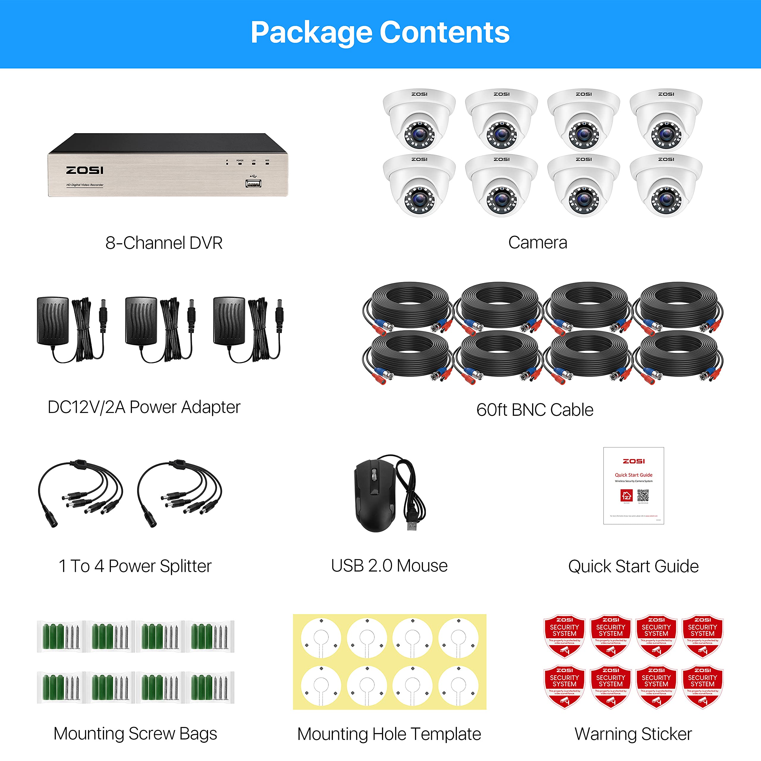 ZOSI 1080P Kit de Cámaras de Seguridad 8CH H.265+ Grabador DVR con (8) Cámara de Vigilancia Exterior, sin Disco Duro, 20m Visión Nocturna, Alarma de Movimiento, P2P