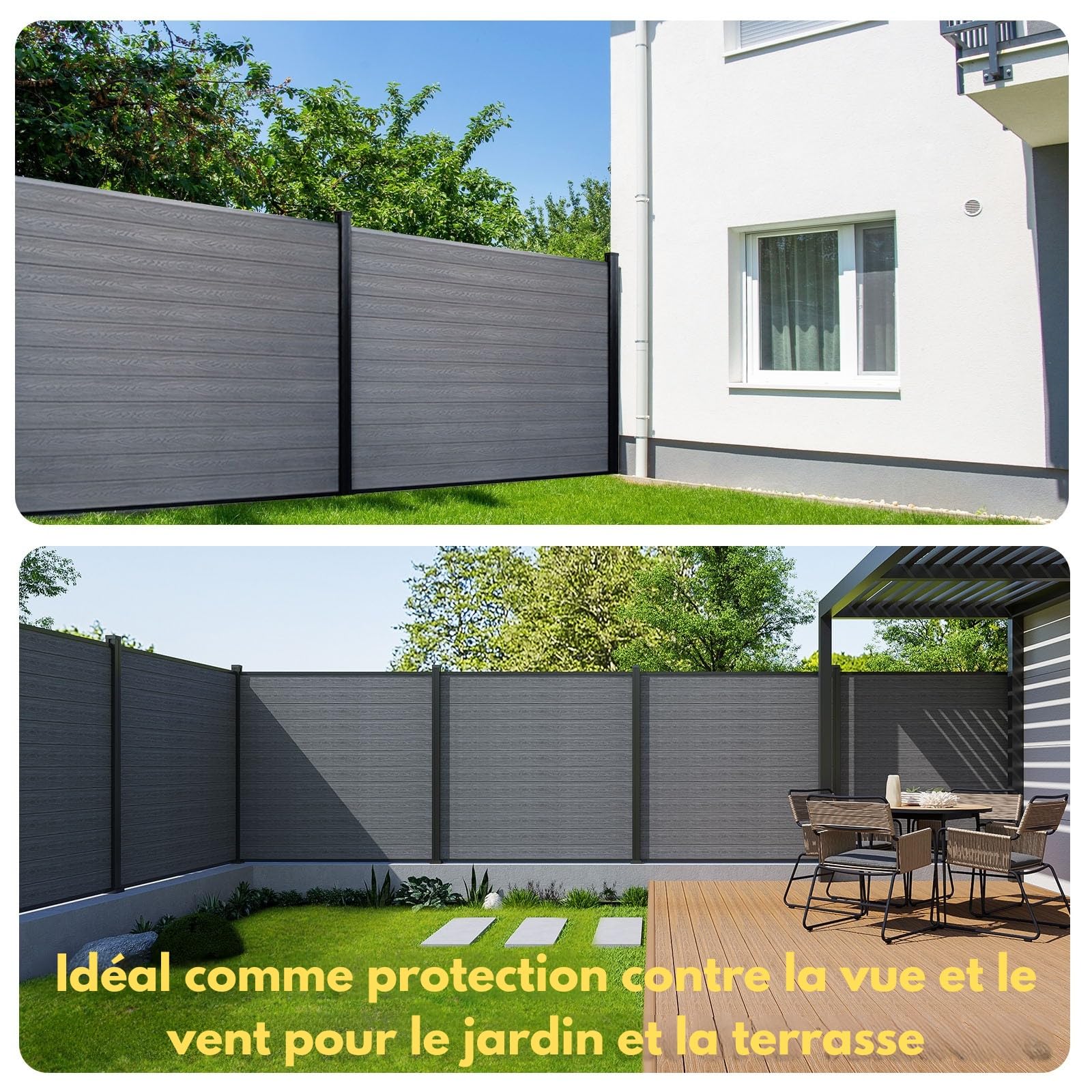 KARAT Clôture de Jardin en WPC résistant aux UV Gel Pluie Neige - Brise-Vue avec poteaux en Aluminium - Kit Complet Montage Facile - Enclos Jardin Terrasse Garage (Ash Gris, 180x180 cm)
