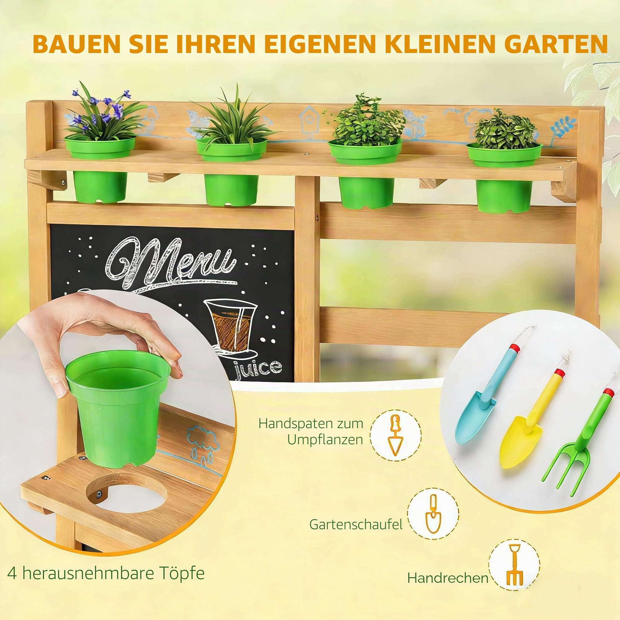 DREAMADE Matschküche Kinder Outdoor, Kinderküche mit abnehmbaren Spülen, Tafel, Herd, Blumentöpfen & Gartenwerkzeugen, Spielküche Holz, Outdoor Küche für Jungen & Mädchen ab 3 Jahren