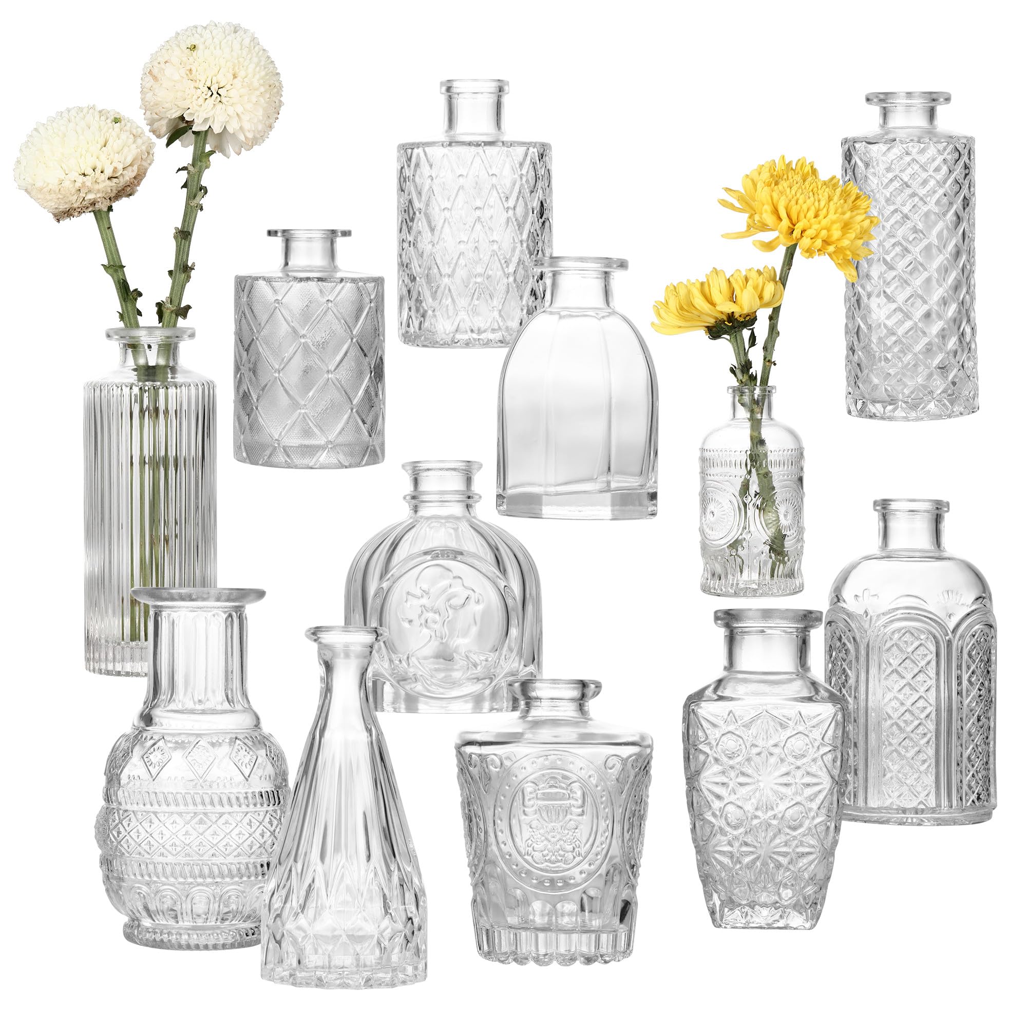 Paquete de 12 Jarrones de Cristal, Mini Floreros de Cristal, Jarrones Decorativos Vintage, Pequeños Jarrones de Vidrio para Decoración de Bodas y Mesas(Transparente)