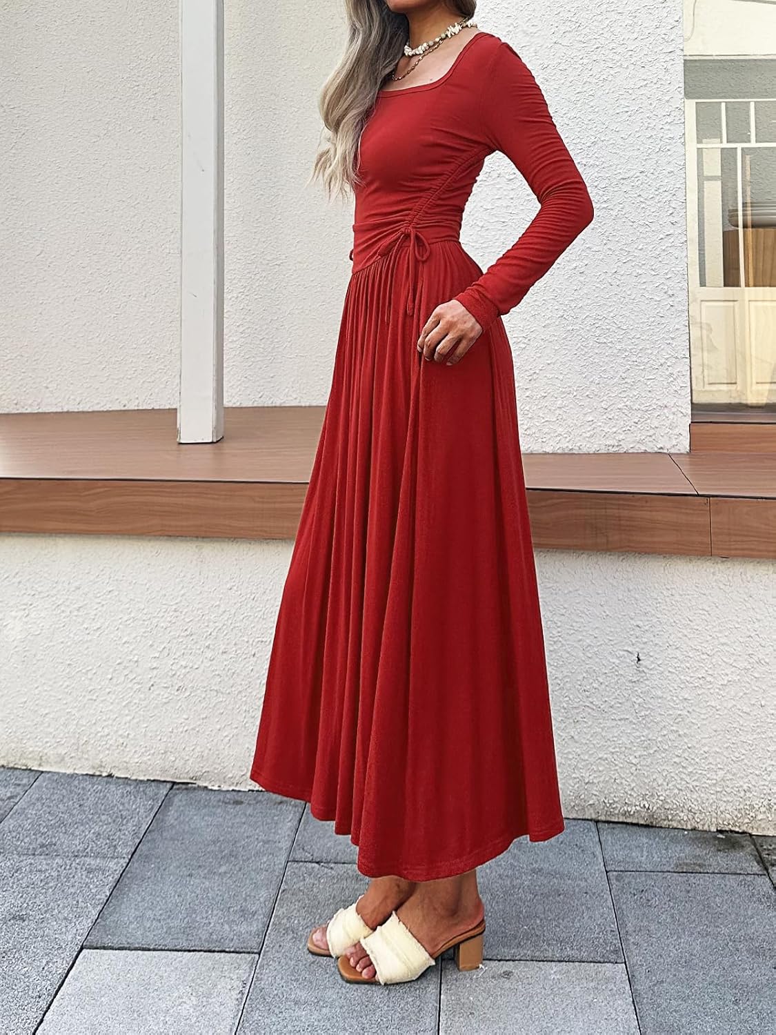 Women’s Long Sleeve Square Neck Maxi Dress Adjustable Waist Tie Casual Flowy A-Line Pleated Dresses with Pockets - Image 4