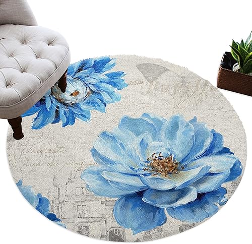 Miniatura 2 de Area Rugs - Alfombra circular esponjosa con peonía azul y acuarela en lino retro, alfombra redonda lanuda antideslizante, alfombra de verano floral