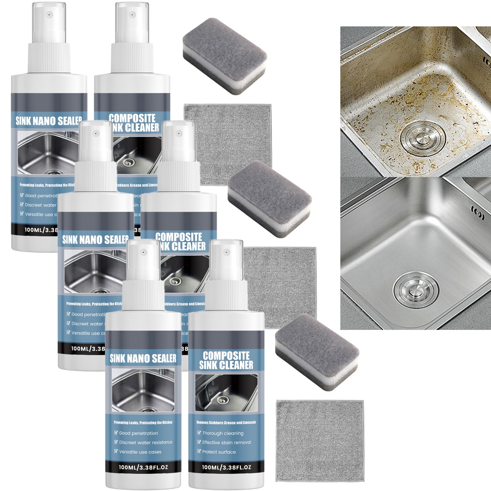 Kit de limpieza de fregadero, limpiador multiusos, limpiador de cocina y baño, elimina eficazmente la cal, la suciedad de jabón y la grasa en el fregadero, forma una capa protectora impermeable (3