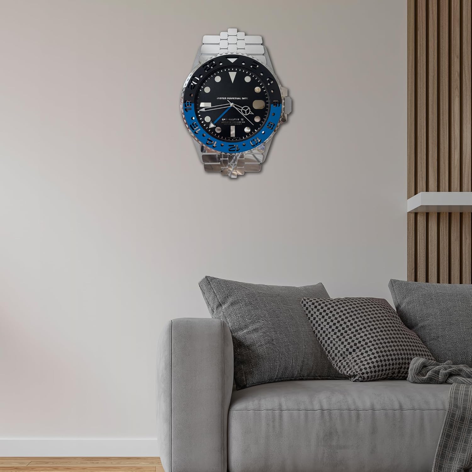 Handmade Wrist Watch Appearance Wall Clock, Luxury GMT, Red Blue Silent Non-Ticking Watch-Style Clock, Modern Decorative Wall Art, Wooden Wall Clock. (Black Blue)