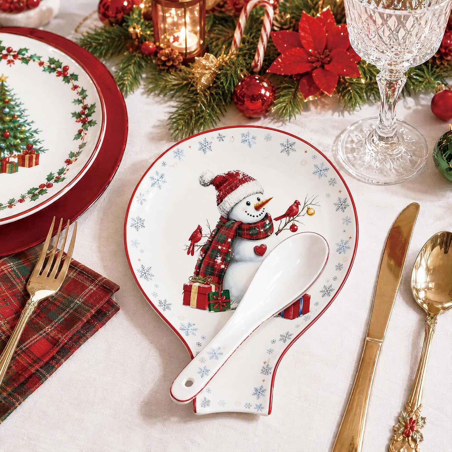 Christmas Snowman Ceramic Spoon Rest for Stove Top, Snowflake Gift Border Kitchen Utensil Holder, Winter Holiday Decor Spoon Holder for Counter, Housewarming Gift 5.5 x 7.5 Inch image 4