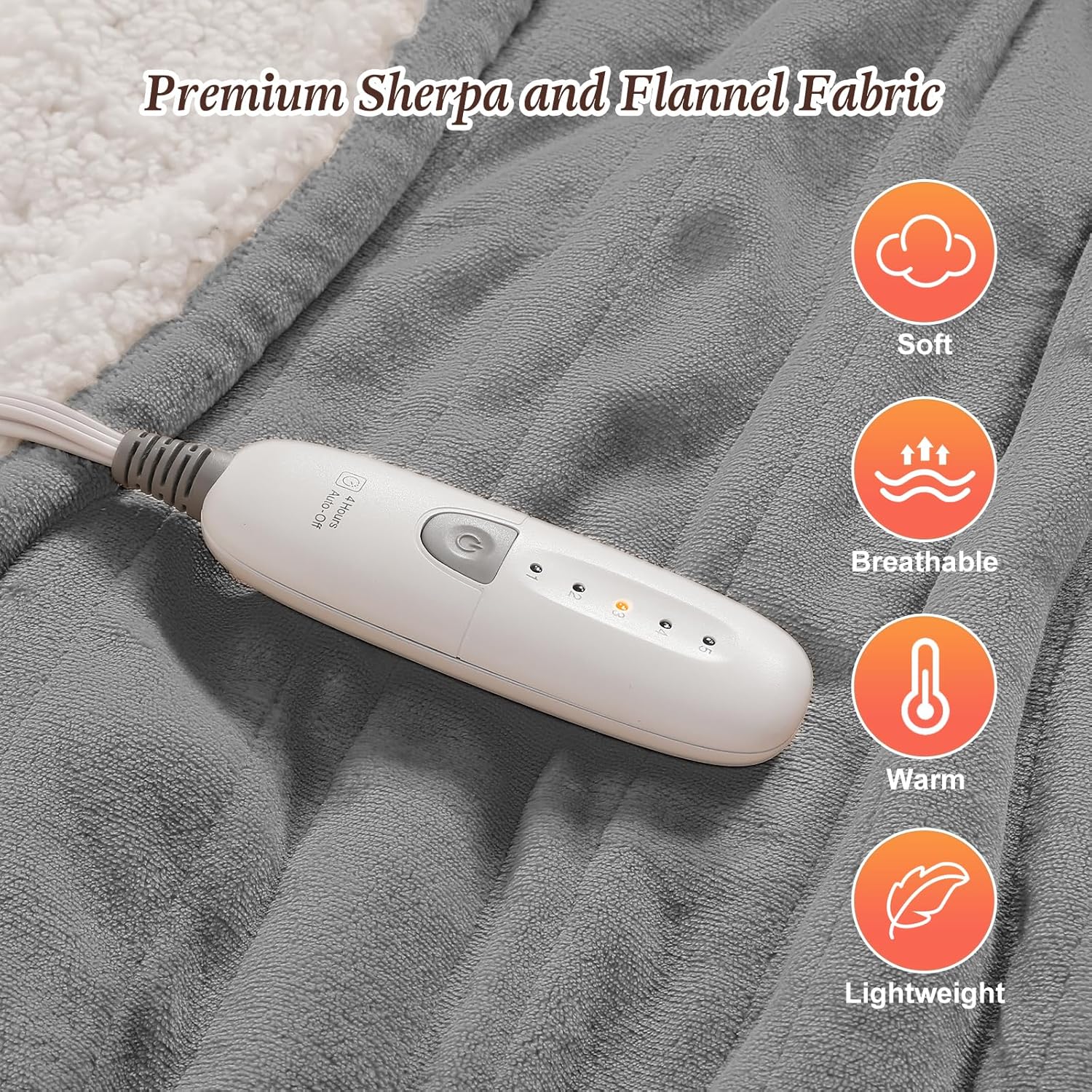 Full Size Electric Blanket Heated Blankets 72''x84'' - Ultra Soft Sherpa Fleece Heated Blanket for Office with 5 Heat Levels & 10-Hour Timer, FCC and ETL Certified Warming Blanket for Grandma (Gray) - Image 3