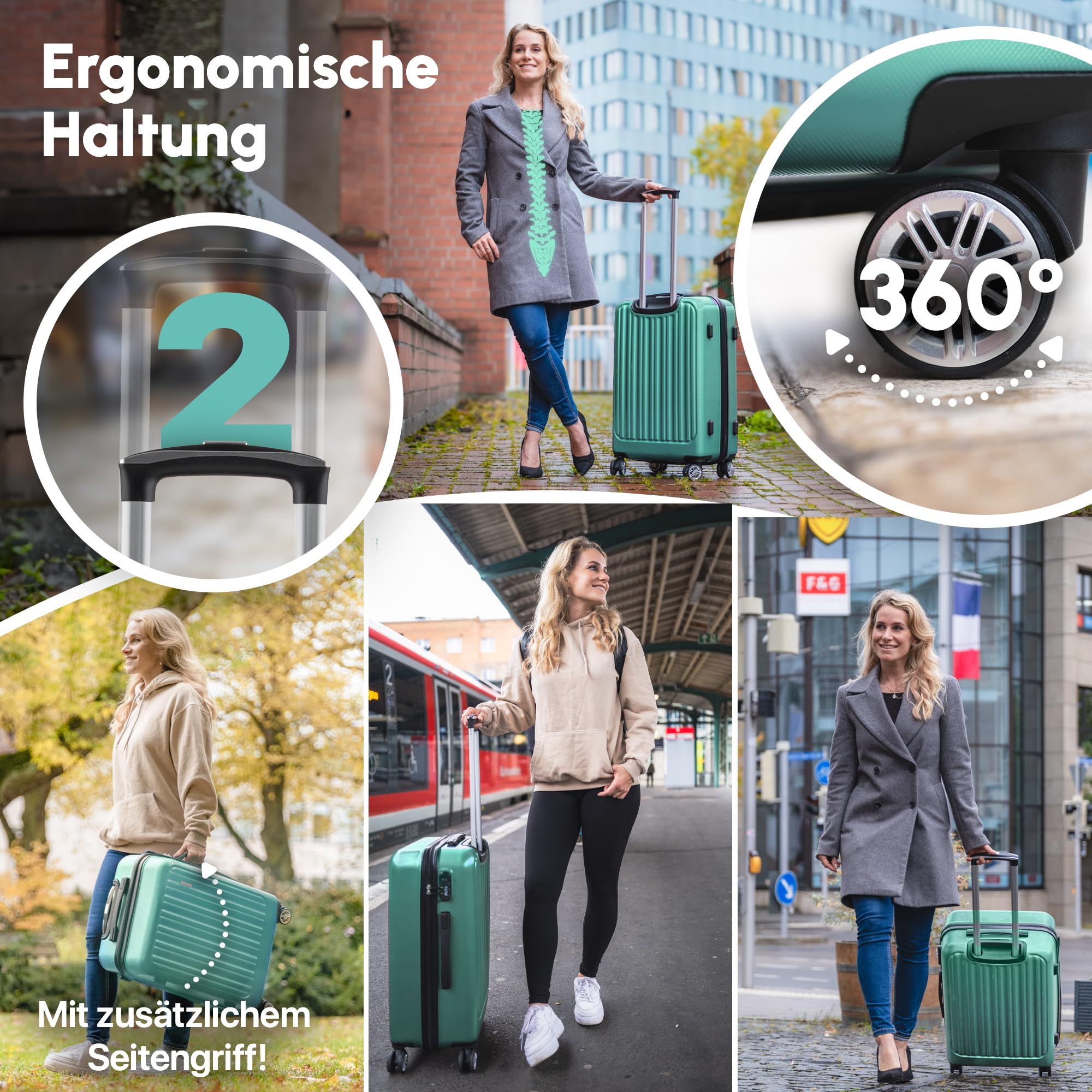 ABS Hartschalenkoffer - Ergonomisch & Sicher - Kleiner Trolley Koffer mit 360° Rädern, Zahlen Schloss - Rollkoffer, Reisekoffer Klein (Silver Green, 54cm)