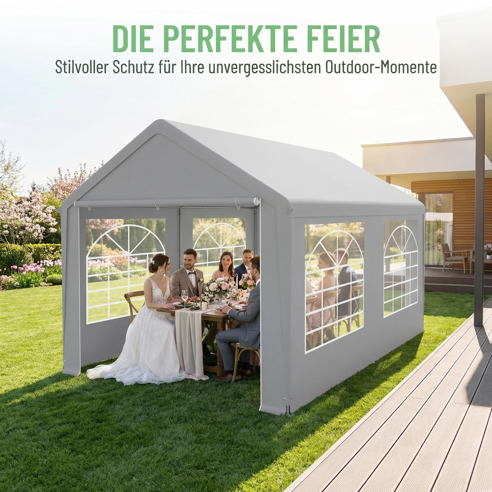 Partyzelt 4x8 m Wasserdicht UV-Schutz, Stabiler Garten Pavillon mit Seitenteilen und Fenstern, Winterfest PE-Plane Festzelt für Hochzeit Feier Außenbereich Grau