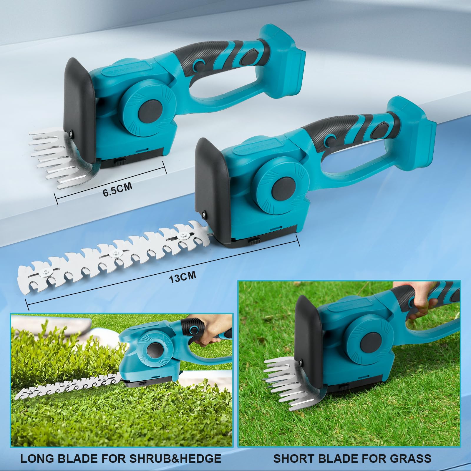 3 en 1 cortasetos telescópicos inalámbricos compatibles con Makita 18 V, tijeras de césped y arbustos, cuchillas de 220 mm y 130 mm cabeza inclinable 90 ° (sin batería)