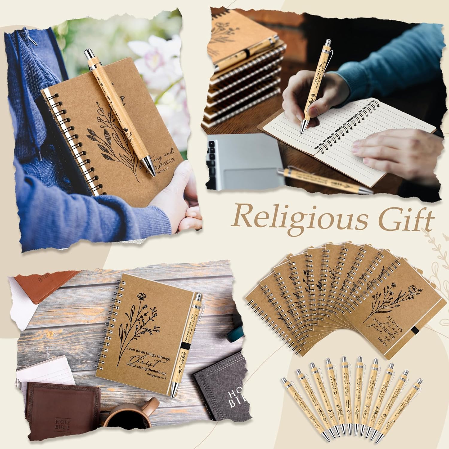 50 Sets Easter Christian Gifts Bulk Bible Verse Spiral Notebook and Bamboo Pen Religious Journal Thank You Gifts for Women Pastor Sunday School Teacher Church Members (Classic Style)