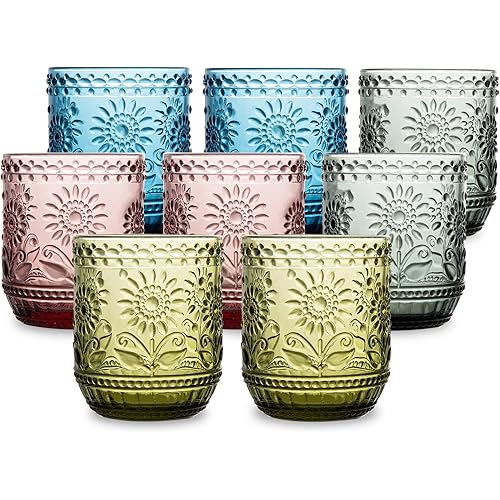 Elegant Vintage Glassware Set of 8 - Embossed Floral Drinkware 12 oz, Romantic Green Glasses Drinking, for Wine, Cocktails, and Refreshing Beverages, Colored Glass Cups (Mixed 4 Color)