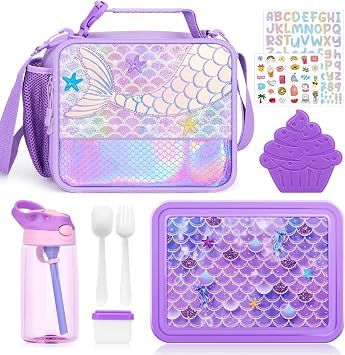 JYPS Mermaid Bento Box للأطفال مع حقيبة غداء معزولة ، صندوق غداء مرصع بزجاجة مياه للأطفال ، حاوية صلصة ، Ice Pack ، Utensils ، حاوية غداء مثالية للفتيات والأطفال الصغار العودة إلى المدرسة من سن 7-15