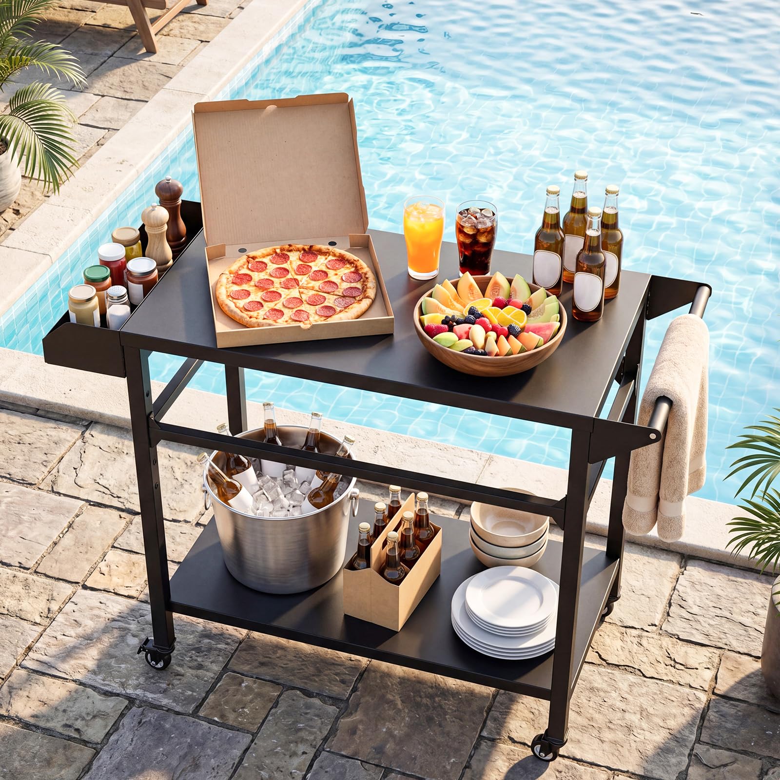 COSTWAY Grillwagen Outdoor, Grilltisch auf Rollen, Pizzatisch mit 2 Ablagen, Griff & Gewürzregal, Servierwagen Metall, Grill Beistelltisch wetterfest, für BBQ Partys, 100 x 45 x 80 cm, Schwarz