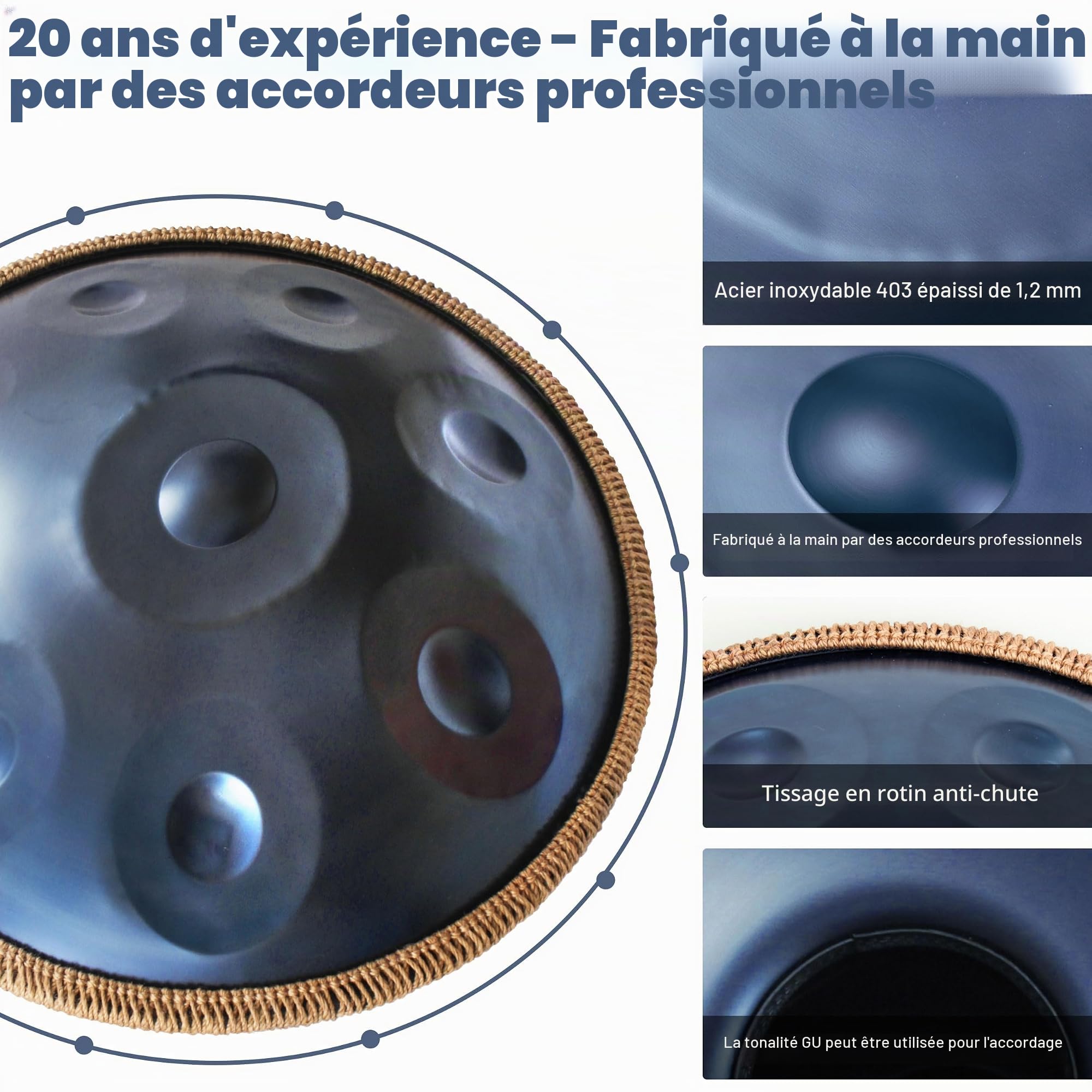 Handpan de 45,7 cm pour adultes, instrument Hand pan en Ré mineur Kurd de qualité supérieure avec 9 notes accordées avec précision, Handpan 432 Hz pour débutants
