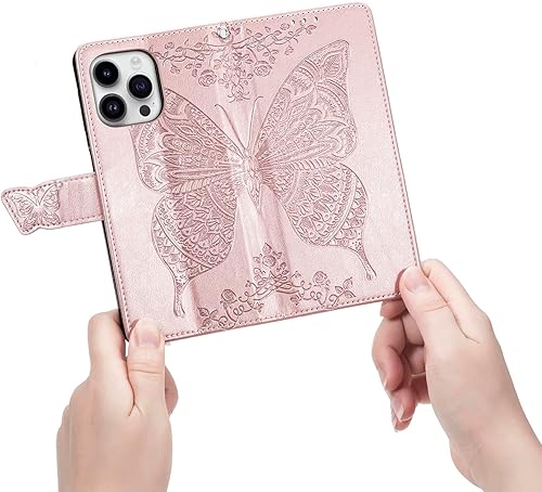 Miniatura 5 de DiGPlus Funda tipo cartera para iPhone 15 Pro Max, estampado de mariposas y flores Funda de cuero de primera calidad con ranuras para tarjetas,