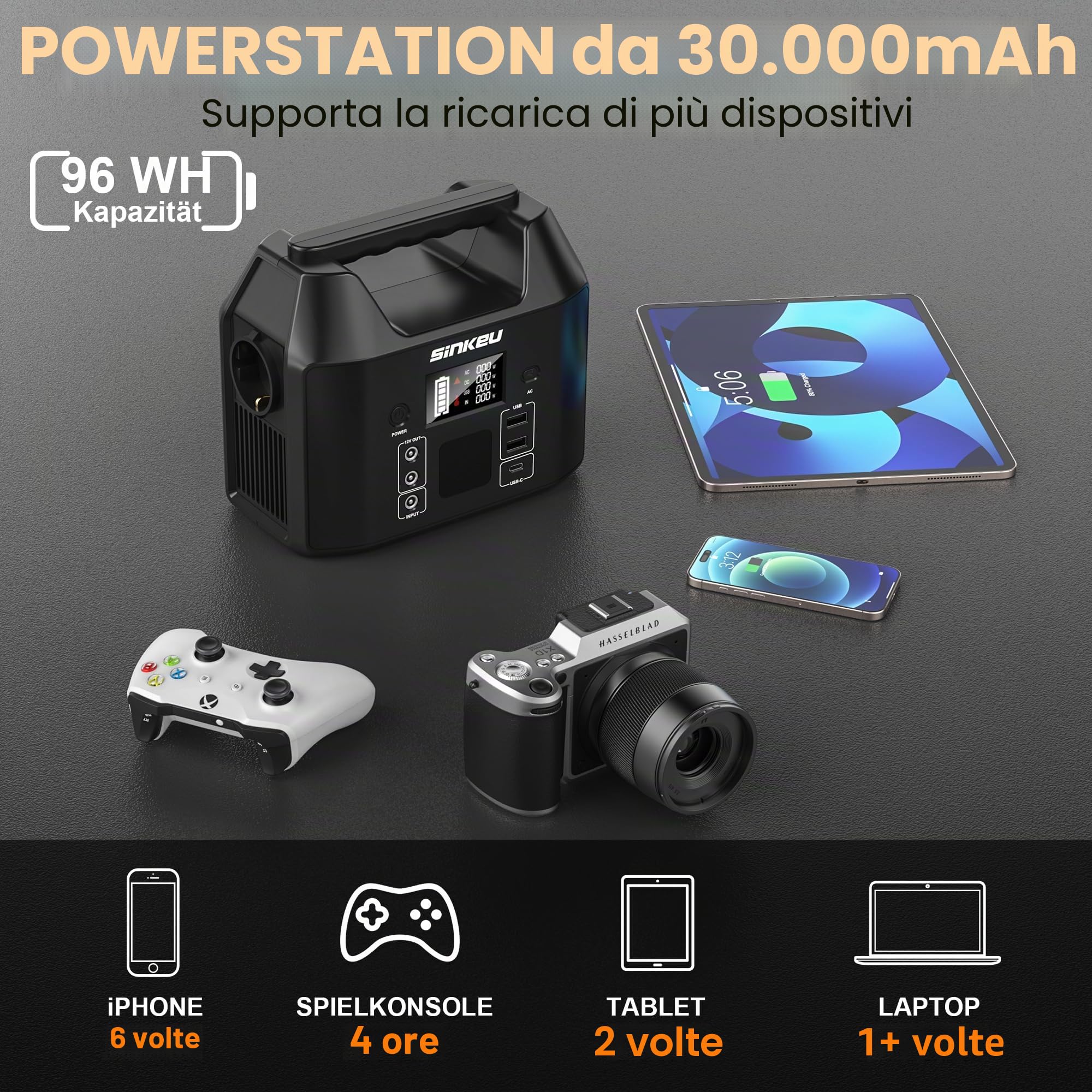 SinKeu Powerstation portatile da 96 Wh con pannello solare da 40 W, batteria LiFePO4 da 30.000 mAh, con presa CA da 230 V, 150 W, 12 V DC/USB, alimentazione di emergenza per campeggio, picnic