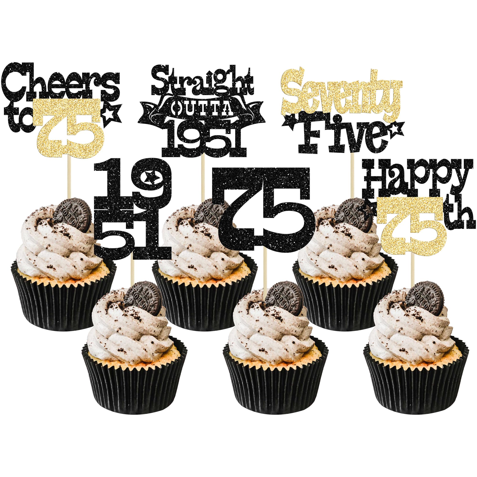 Ephlyn 30Pcs Straight Outta 1951 Cupcake Toppers Glitter Seventy Happy 75th Birthday Cupcake Picks Cheers to 75 Years Cake Decorations for Happy 75th Birthday Anniversary Party Supplies Black Gold