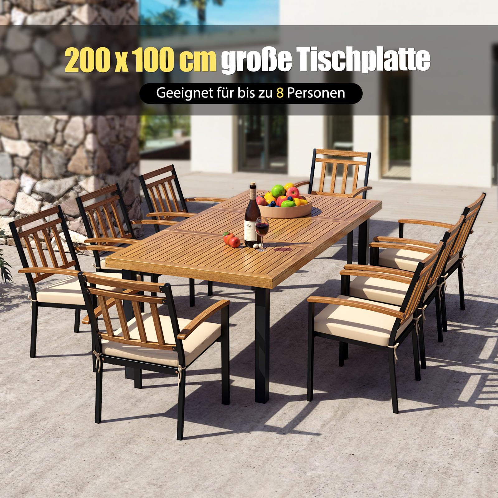 COSTWAY Stół ogrodowy z otworem na parasol, 200 x 100 cm, duży stół tarasowy dla 8 osób, prostokątny stół balkonowy z drewna akacjowego, stół do jadalni na zewnątrz do ogrodu, na taras