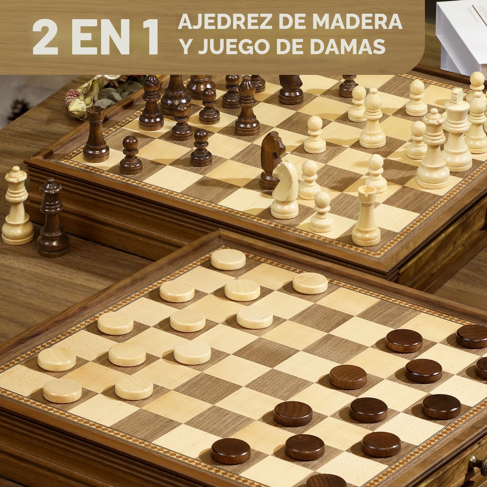 Peradix Ajedrez 2 En 1 Damas de Madera con Cajones,Juego Tablero Ajedrez Magnetico con 2 Reinas, Profesional Chess Board para Niños y Adultos,2 Jugadores(32×32cm)