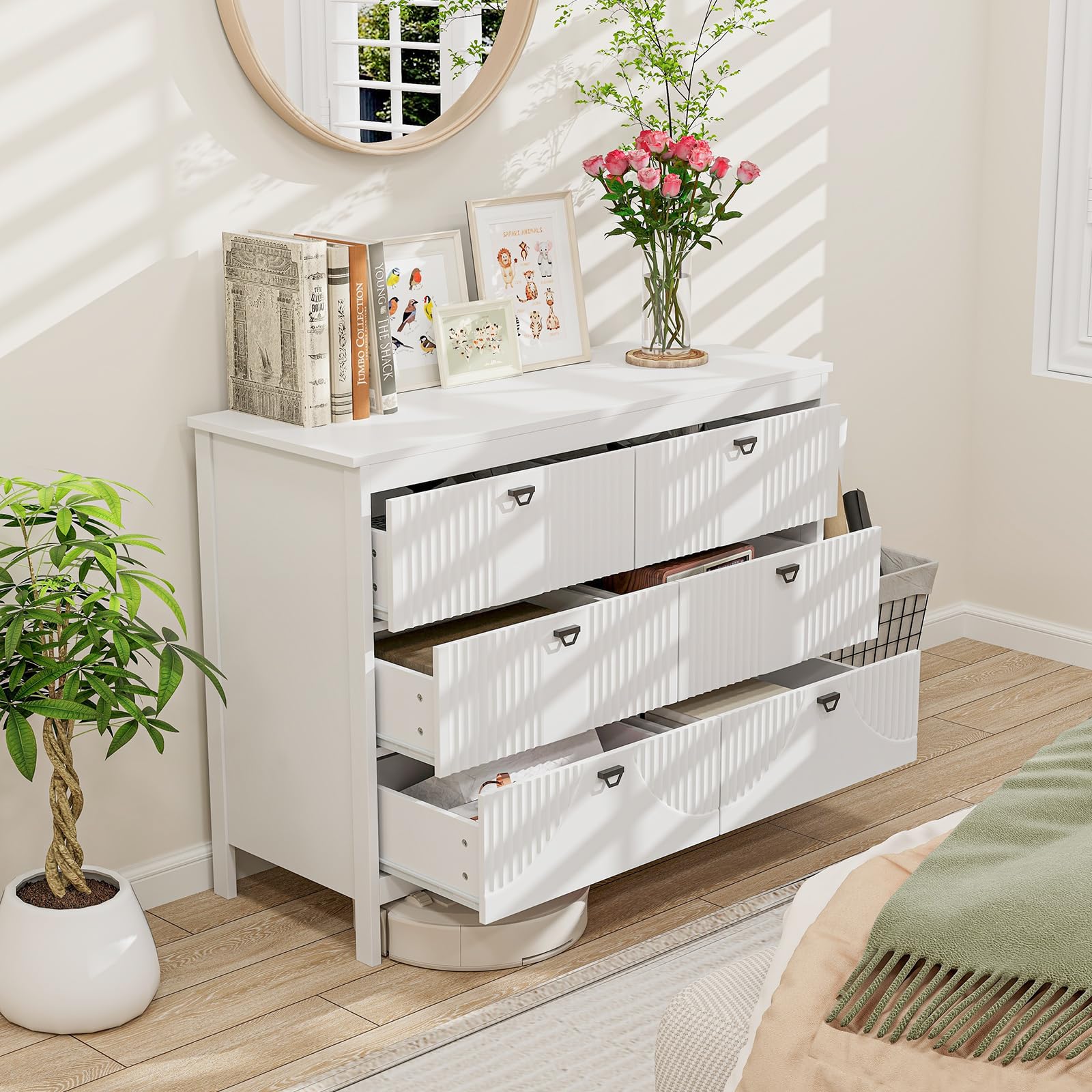 KOMFOTTEU Cómoda con 3/6 Cajones para Dormitorio, Cajonera de Madera con Kit Antivuelco, Mueble de Almacenamiento Moderno, para Salón, Estudio, Oficina (6 cajones)