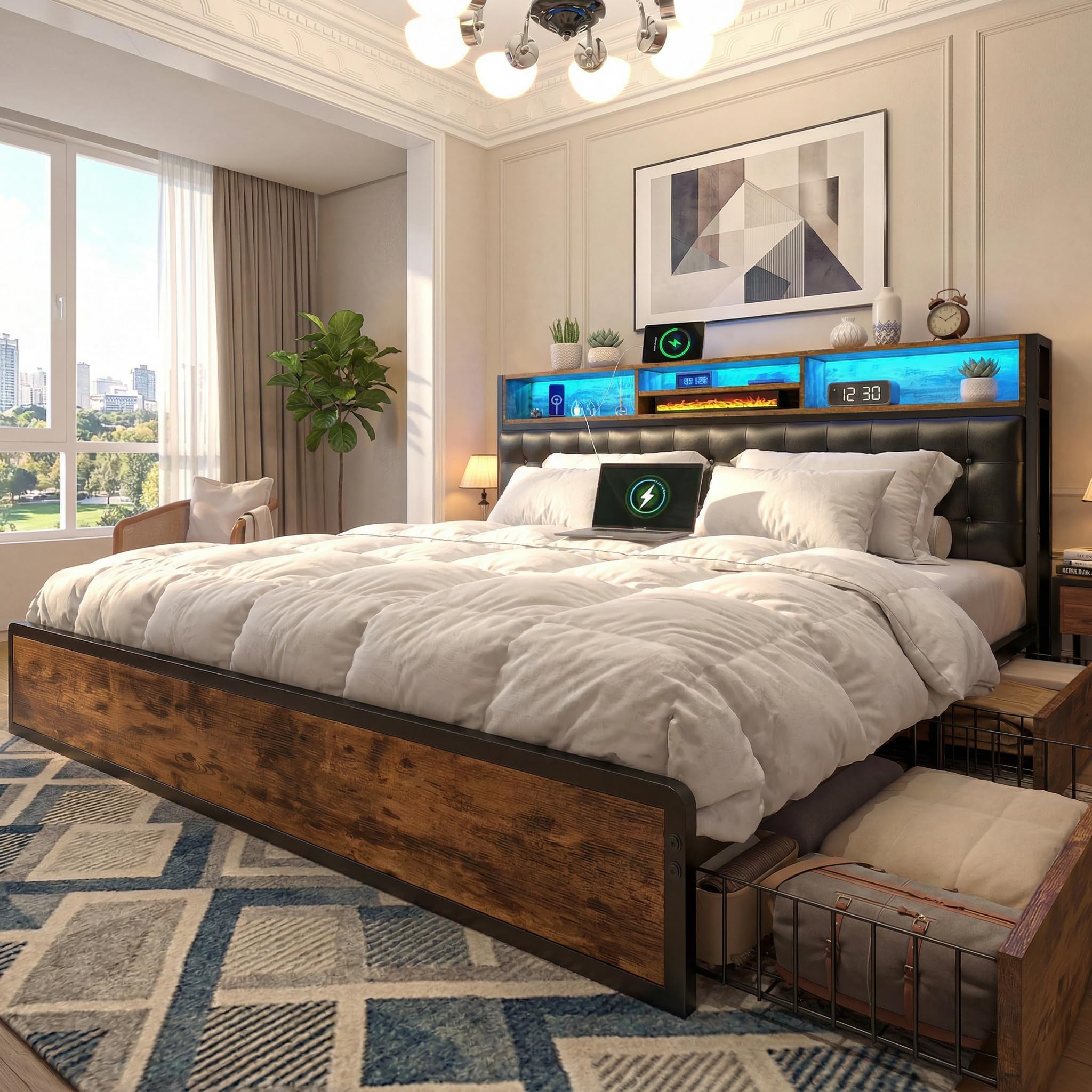 EnHomee king bed frame with drawers
