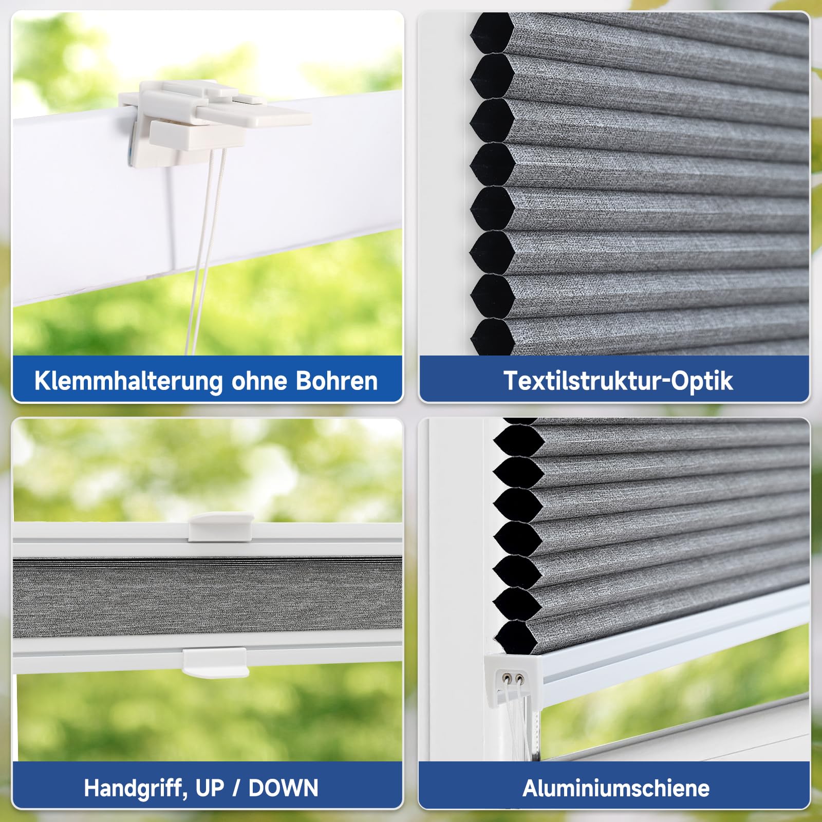 Sekey Wabenplissee Ohne Bohren Verdunkelung Rollo 100% verdunkelnd Blickdicht, Klemmfix, Aluminiumschiene, Grau, 80 x 200cm (BxH)