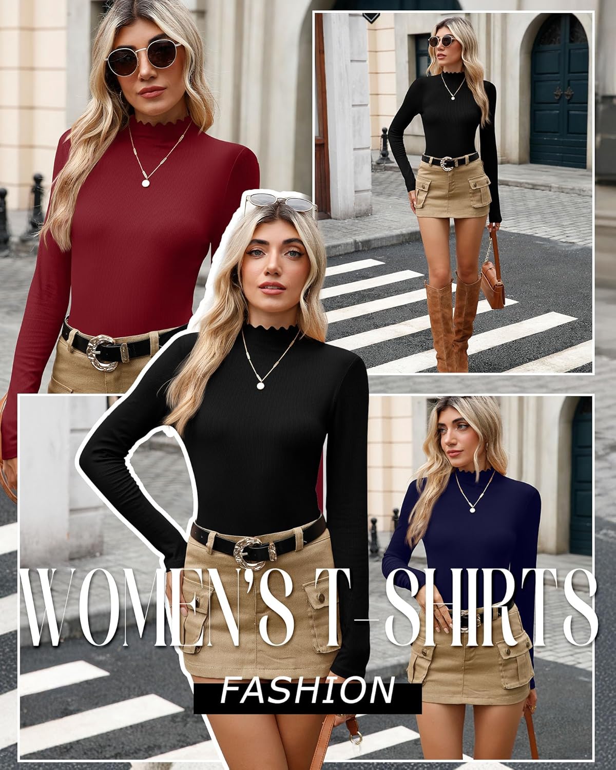 3 Pack Women's Cotton Long Sleeve Mock Turtleneck Tops Ribbed Lettuce Trim Slim Fit Shirts Thermal Base Layer - Image 5