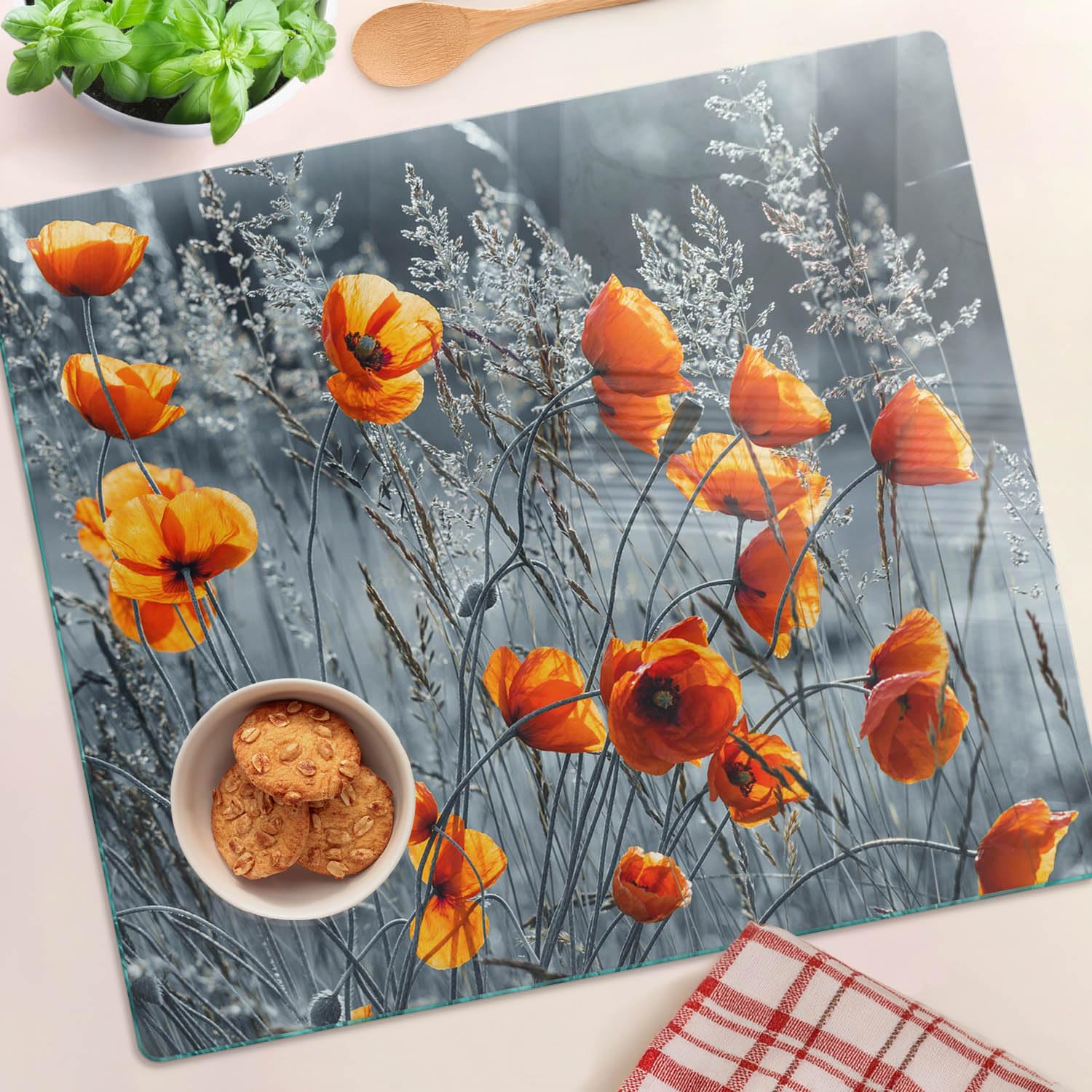 Glasschneidebrett 60x52 cm Dünn Glasplatte Dekorativ Gehärtetes Glas für die Küche Plastikfrei Antibakteriell Lebensmittelecht Rutschfest Silikonfüße Hitzebeständig - Mohnfeld