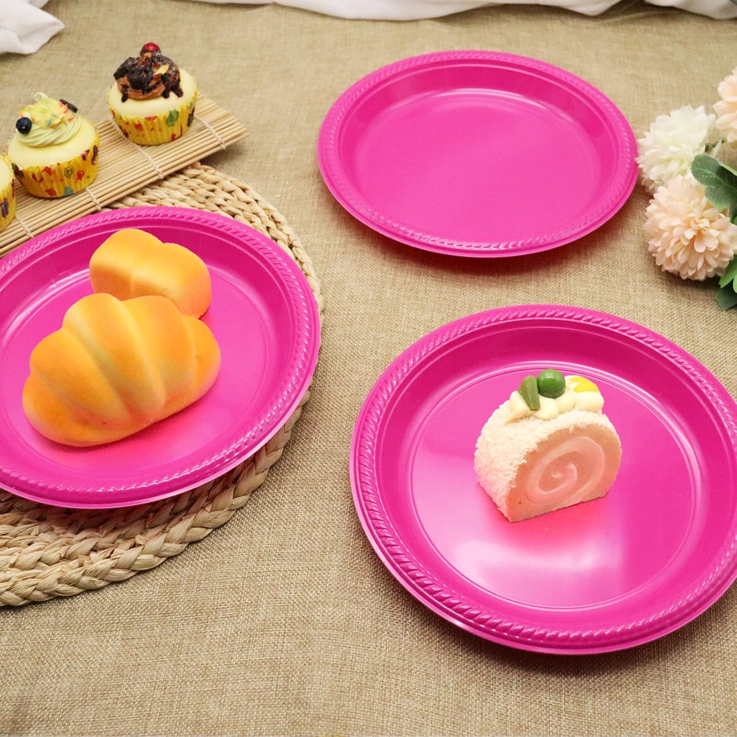50 Count Hot Pink Plastic Plates Disposable - 9 Inch Hot Pink Heavy Duty Plastic Dinner Plates for Birthday Wedding Valentines Day Party - Image 6