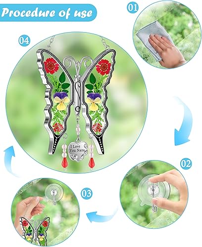 Miniatura 8 de Atrapa luz de vitral con diseño de mariposa con la frase I love you nana. Campanilla de viento para ventanas como regalo para tu niñera en el día de