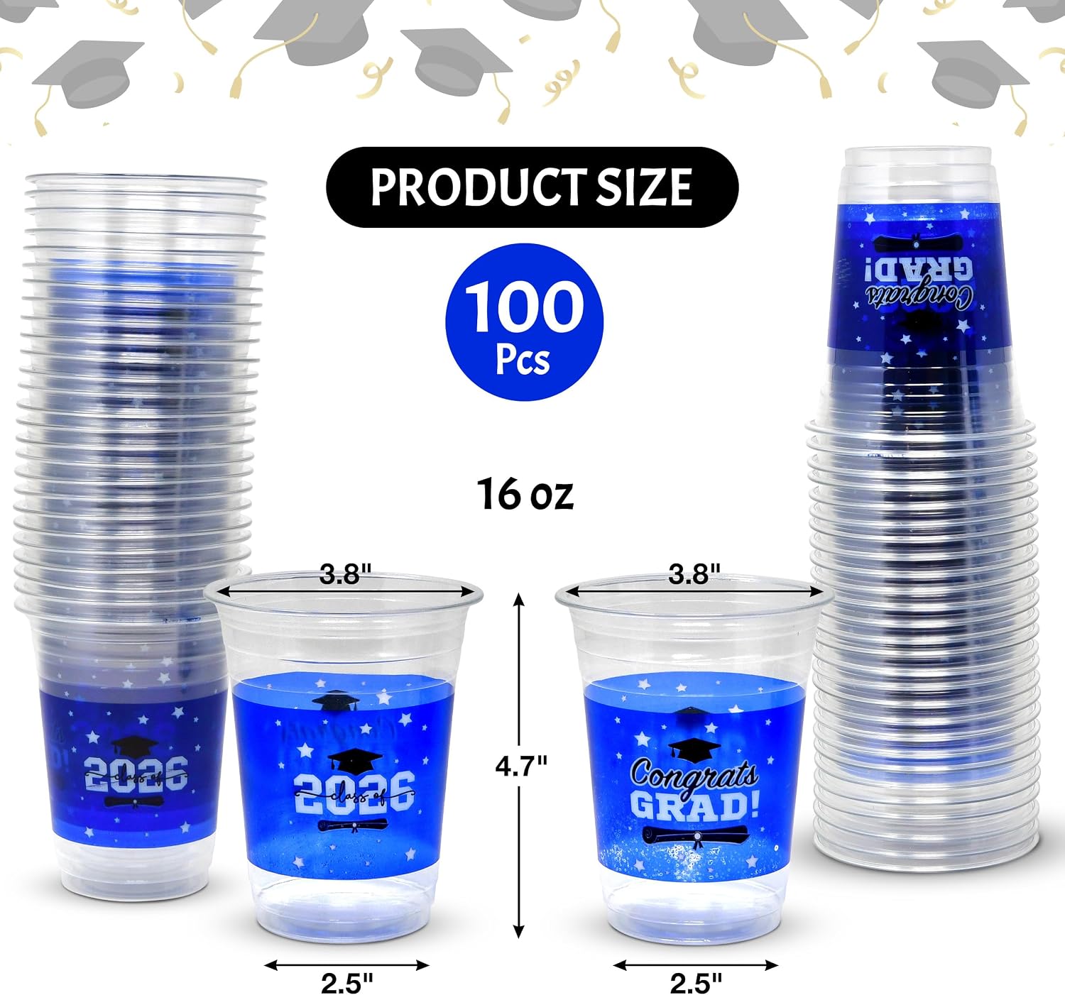 Gift Boutique Class of 2026 Graduation Plastic Cups 100 Pack Blue 16 oz Disposable Drink Cups for Grad Party Supplies Beverages Events Celebration Tableware Decorations image 2