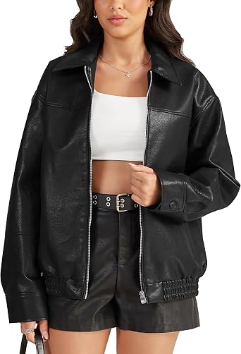 Fengbay Faux Leather Jacket Women Oversized Bomber Motorcycle Jackets Coat | Smooth PU Faux Leather;Loose Oversized Fit;Deep Side Storage Pockets;Y2K Biker Bomber Style For Daily Night Out